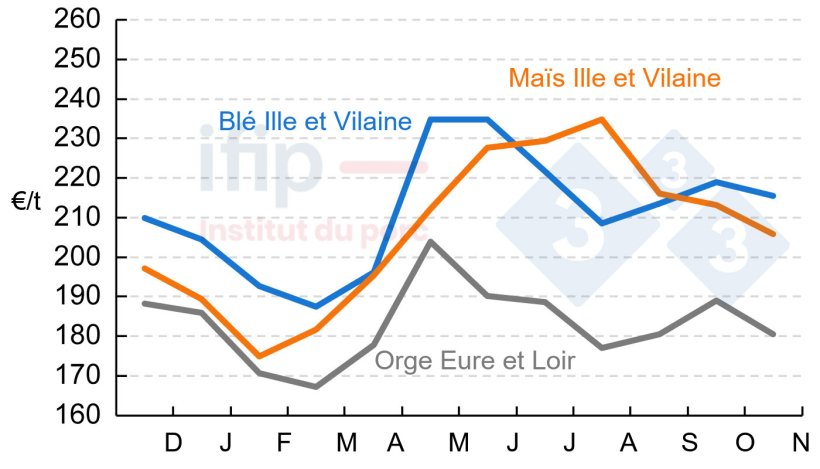 Prix de l’orge, blé et maïs en 2023/2024 (€/t). Source : La Dépêche