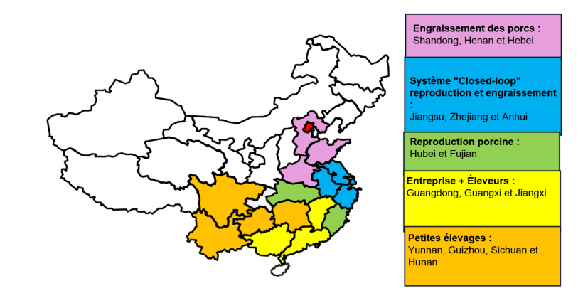 R&eacute;partition g&eacute;ographique et modes d&rsquo;exploitation de la fili&egrave;re porcine en Chine par province.
Source : USDA, d&rsquo;apr&egrave;s l&rsquo;ATO P&eacute;kin.
