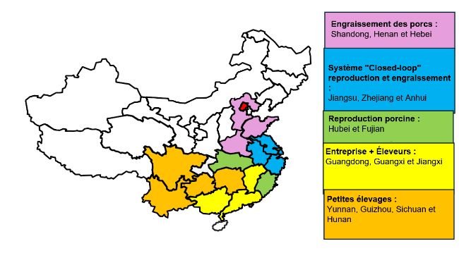 Répartition géographique et modes d’exploitation de la filière porcine en Chine par province.
Source : USDA, d’après l’ATO Pékin.