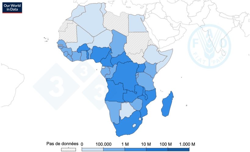 Nombre de porcs en Afrique, 2022. Source : Organisation des Nations unies pour l'alimentation et l'agriculture (2023)
