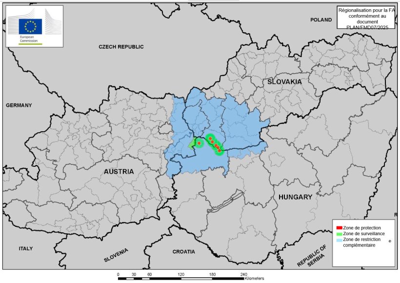 Zones de protection et de surveillance, et zone de restriction compl&eacute;mentaire conform&eacute;ment au document PLAN/FMD07/2025 2025-SANTE G2. Derni&egrave;re mise &agrave; jour : 27/03/2025. Source : CE.
