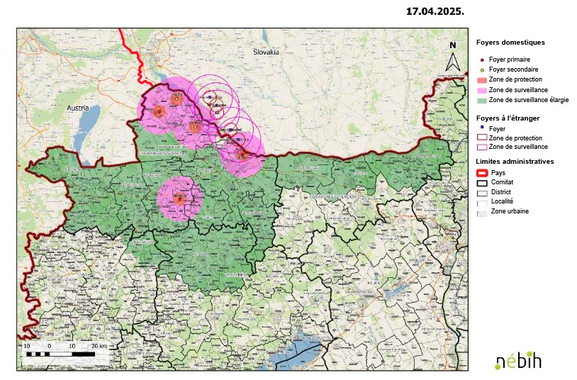 Foyers de fi&egrave;vre aphteuse au 17 avril 2025. Source : N&eacute;bih.
