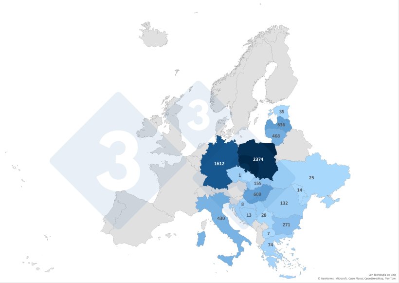 R&eacute;partition g&eacute;ographique des cas de PPA chez les sangliers au cours du premier semestre 2025. Source : 333 &agrave; partir des donn&eacute;es de l&rsquo;ADNS-ADIS.
