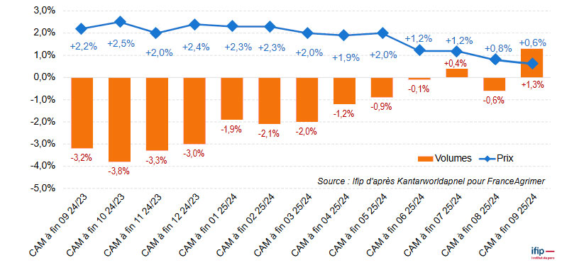 Evolution des volumes d'achat des ménages et du prix moyen en viande de porc au cumul annuel 12 mois sur un an de 09/2024 à 09/2025