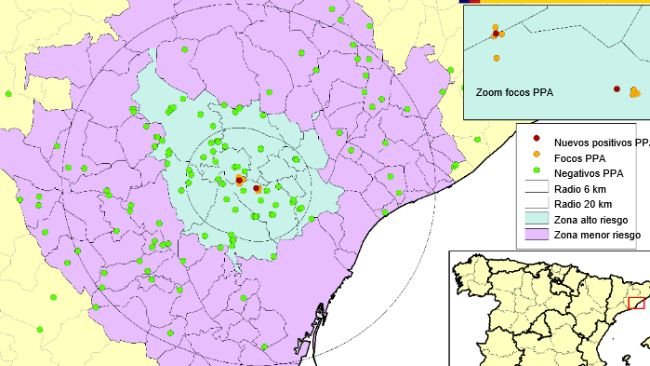Localisation des 9 foyers chez les sangliers sauvages et des sangliers retrouvés morts négatifs détectés en Catalogne (Source : MAPA).