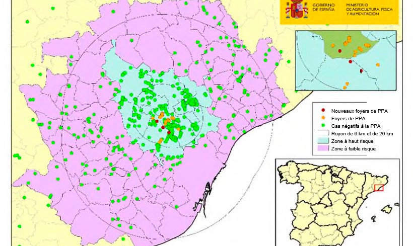 Localisation des 23 foyers chez les sangliers sauvages et des sangliers captur&eacute;s ou retrouv&eacute;s morts n&eacute;gatifs d&eacute;tect&eacute;s en Catalogne (Source : MAPA).
