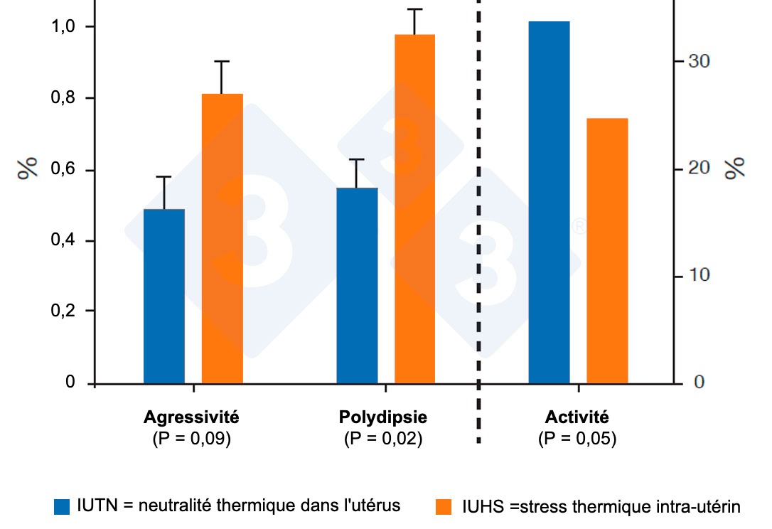 <p>Figure 4. Les porcs IUHS sont plus agressifs et moins actifs. Source : Byrd et al., 2019.</p>
