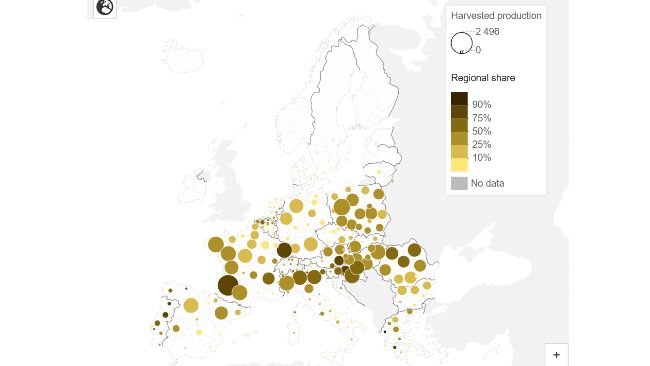 Production régionale de maïs grain et de mélanges de grains et de rafles de maïs en 2024 (1 000 t et %). Source : Eurostat.