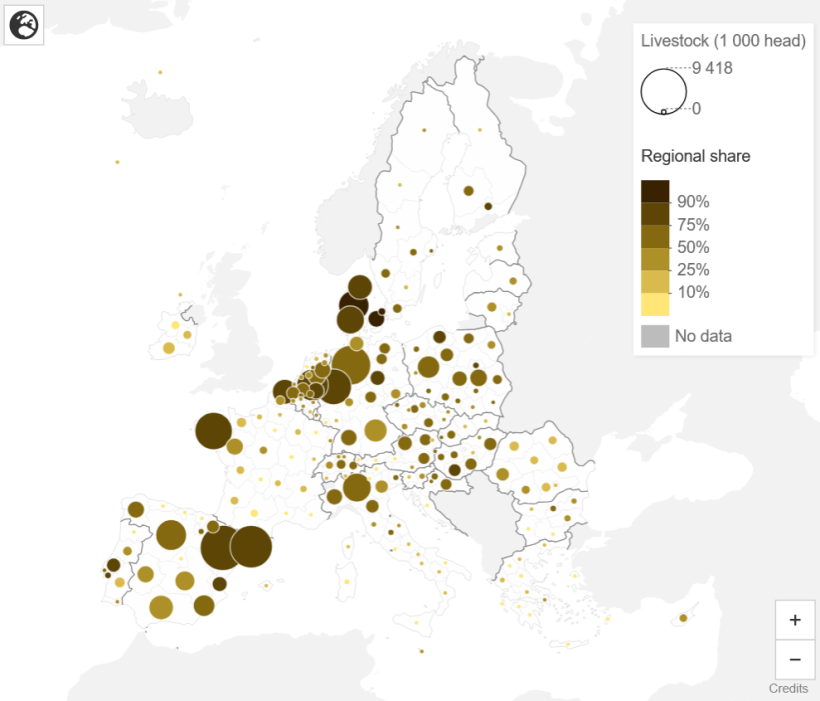 Censo porcino regional total, diciembre de 2025 (1000 cabezas y %). Fuente: Eurostat.