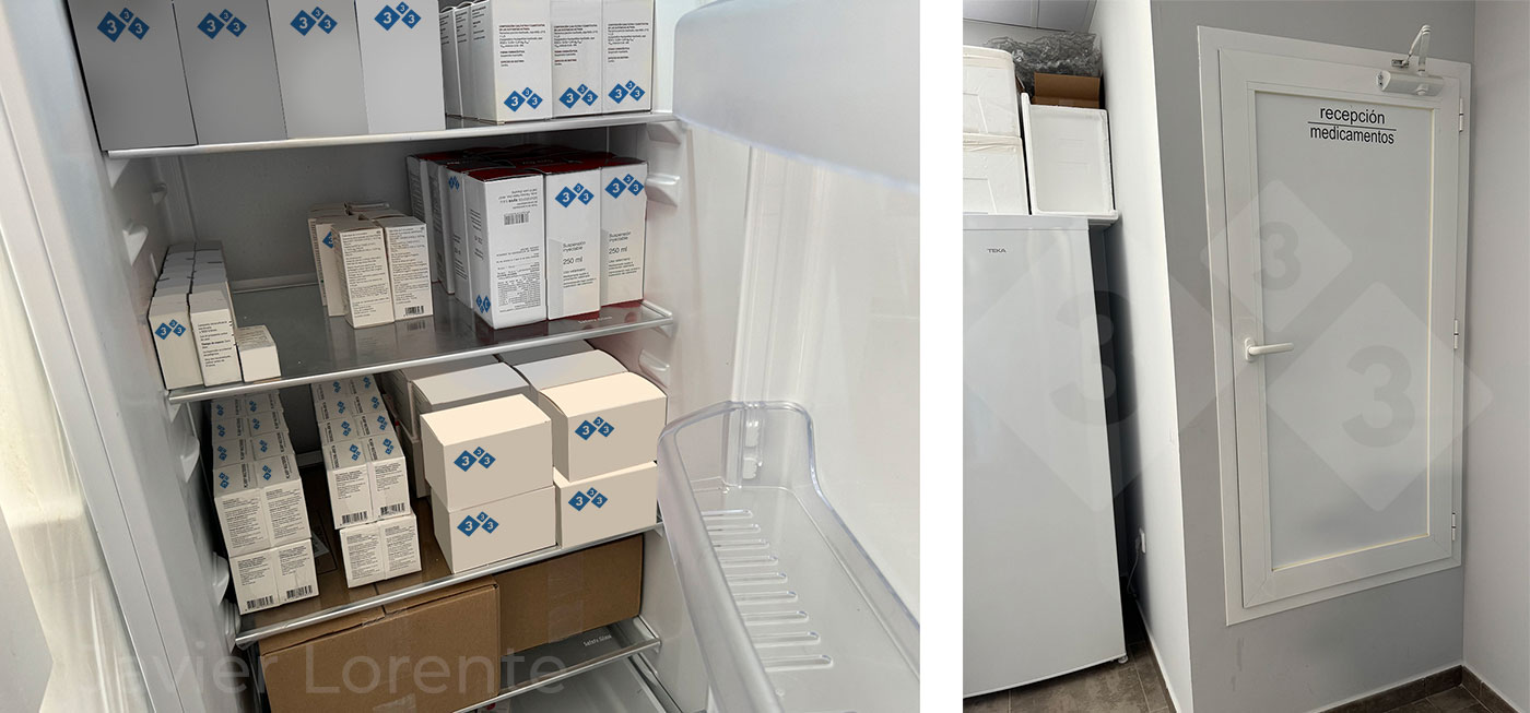 <p>Photo 2. Left: Correct storage of medications. Right: Medication reception facilities ensure that the cold chain is maintained.</p>

