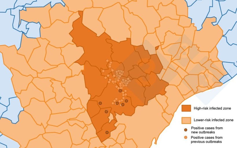 Detailed location of the 162 cases of wild boar detected in the infected area. Light circle: cases from previous outbreaks. Dark circle: newly reported cases (Source: Department of Agriculture, Livestock, Fisheries and Food).