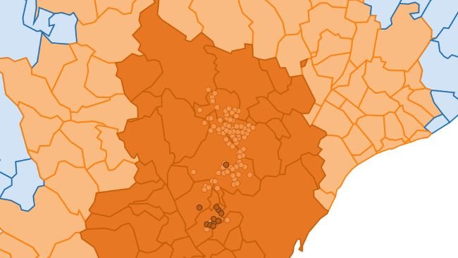 Detailed location of the 227 cases of wild boar detected in restricted zone II. Light circle: previous cases. Dark circle: newly reported cases (Source: Department of Agriculture, Livestock, Fisheries and Food).