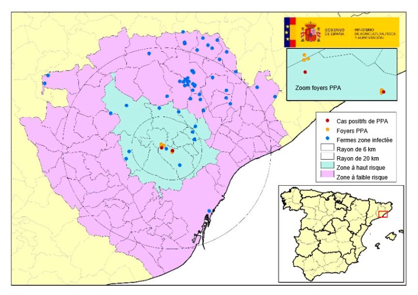 Localisation des 7 foyers chez des sangliers sauvages et des exploitations porcines situ&eacute;es dans la zone infect&eacute;e, avec les municipalit&eacute;s en zone &agrave; haut et faible risque. (Source : MAPA).
