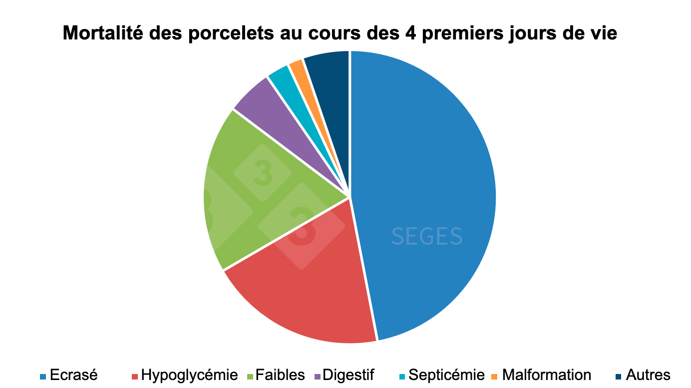 <p>Graphique 1. &Eacute;tiologie de la mortalit&eacute; des porcelets allaitants les&nbsp;premiers jours (SEGES, 2017).</p>
