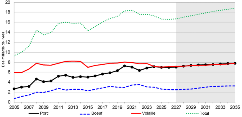 Exportations de viande des &Eacute;tats-Unis, 2005-2035. Source : USDA.
