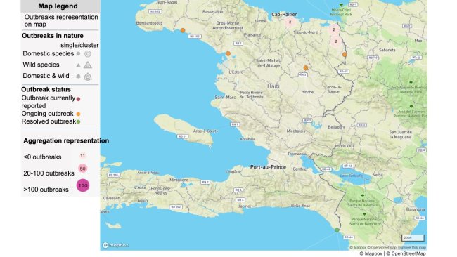 Mapa de brotes de peste porcina africana en Haití. Fuente: OIE. © OpenStreetMap y colaboradores. https://www.openstreetmap.org/copyright