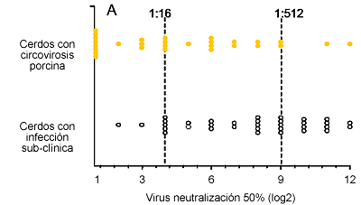 Distribución de los títulos de neutralización viral al 50% en animales con circovirosis y animales con infección subclínica