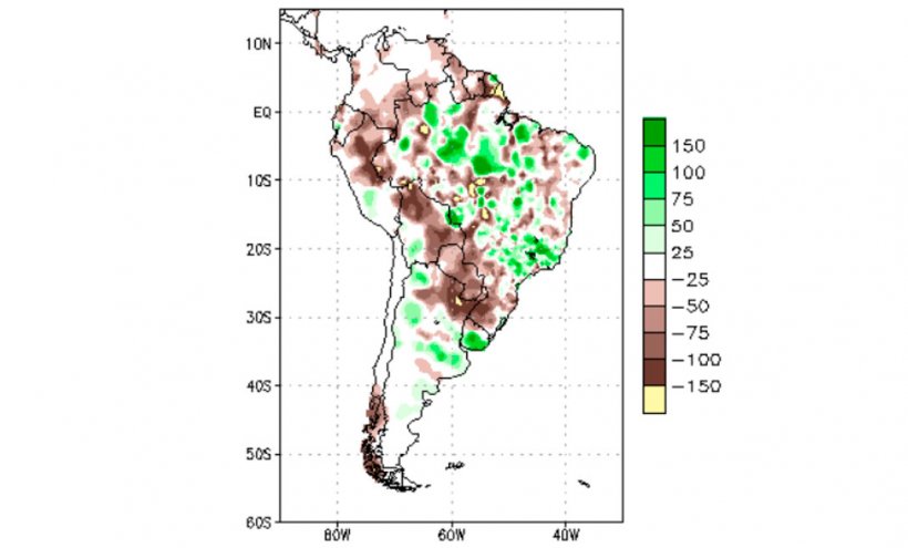 Mapa 1. Anomal&iacute;as en las precipitaciones de Sudam&eacute;rica (fuente: Climate Prediction Center &ndash; NOOA). 6 de enero a 4 de febrero de 2022
