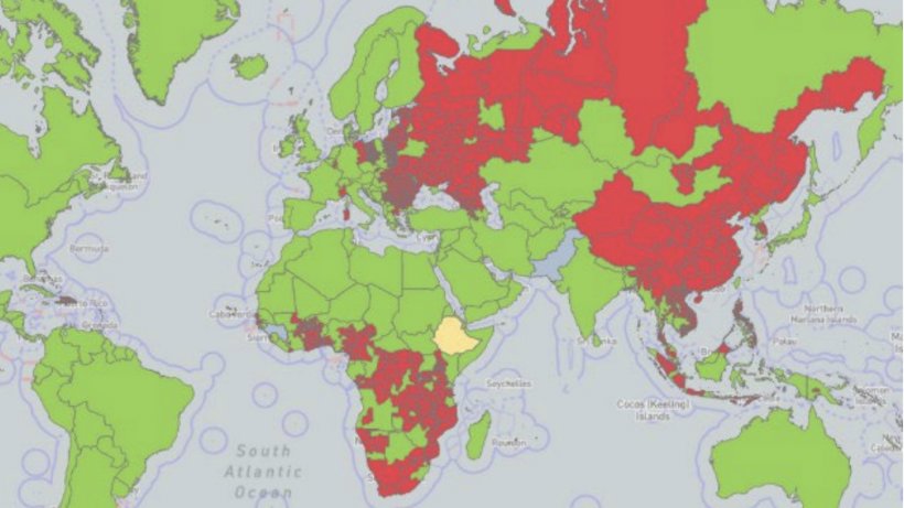 Global cumulative distribution of African swine fever since 2005. Infected areas (reported at least
once) are shown in red, suspected areas in yellow, and free areas in green. Source: WOAH.
