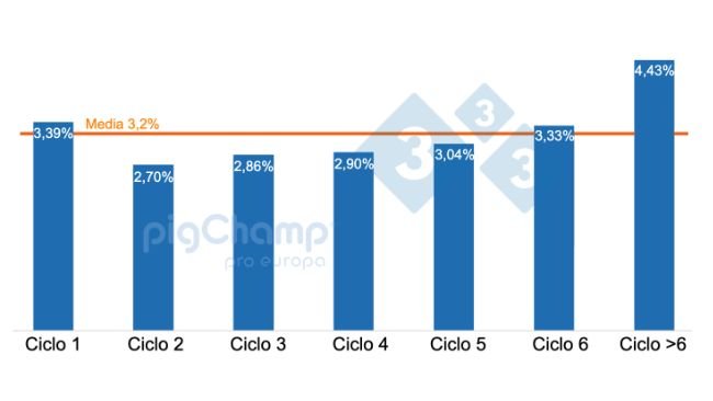 Gráfico 1. Porcentaje de cerdas que destetan 0 lechones categorizadas por ciclo, destetes Julio 20-Junio 21.