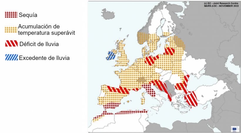 Mapa 1. Eventos clim&aacute;ticos extremos en Europa del 1 de octubre al 18 de noviembre del 2022. Fuente: MARS Butlletin 21/11/2022.
