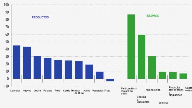 EVOLUCIÓN DE LOS ÍNDICES DE PRECIOS DE LA PRODUCCIÓN Y DE LOS INSUMOS (% de variación, 2021-2022, estimaciones UE).