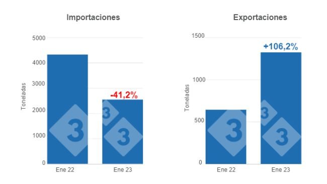 Gráfico 1: Comercio internacional de la carne de cerdo argentina en enero de 2023 versus mismo mes del año anterior. Elaborado por el Departamento de Economía e Inteligencia de Mercados con datos de la Secretaría de Agricultura, Ganadería y Pesca del Ministerio de Economía de Argentina.