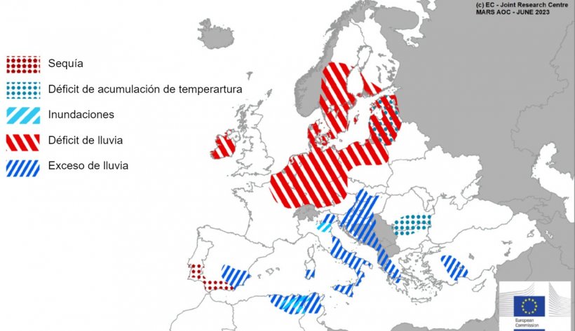 Mapa 1. Eventos climáticos extremos en Europa del 1 de mayo al 12 de junio del 2023 (fuente: MARS Butlletin 19/06/2023).