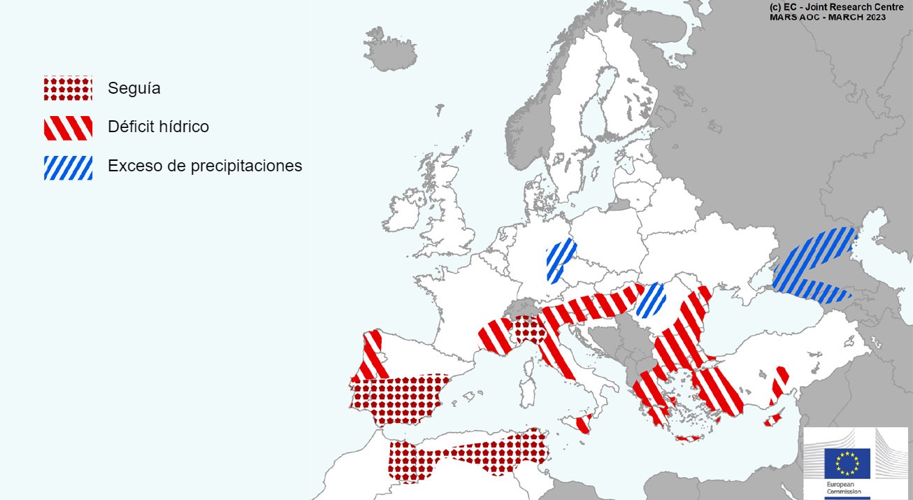 Mapa 1. Eventos climáticos extremos en Europa del 1 de febrero al 17 de marzo del 2023 (fuente: MARS Butlletin 20/03/2023).