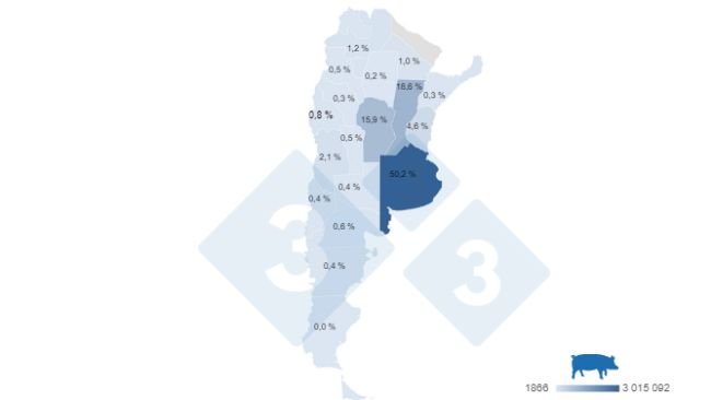 Mapa 1. Participación de la faena de porcinos por provincia en el período enero – septiembre de 2023. Elaborado por el Departamento de Economía e Inteligencia de Mercados de 333 Latinoamérica con datos de la Secretaría de Agricultura, Ganadería y Pesca del Ministerio de Economía de Argentina. 