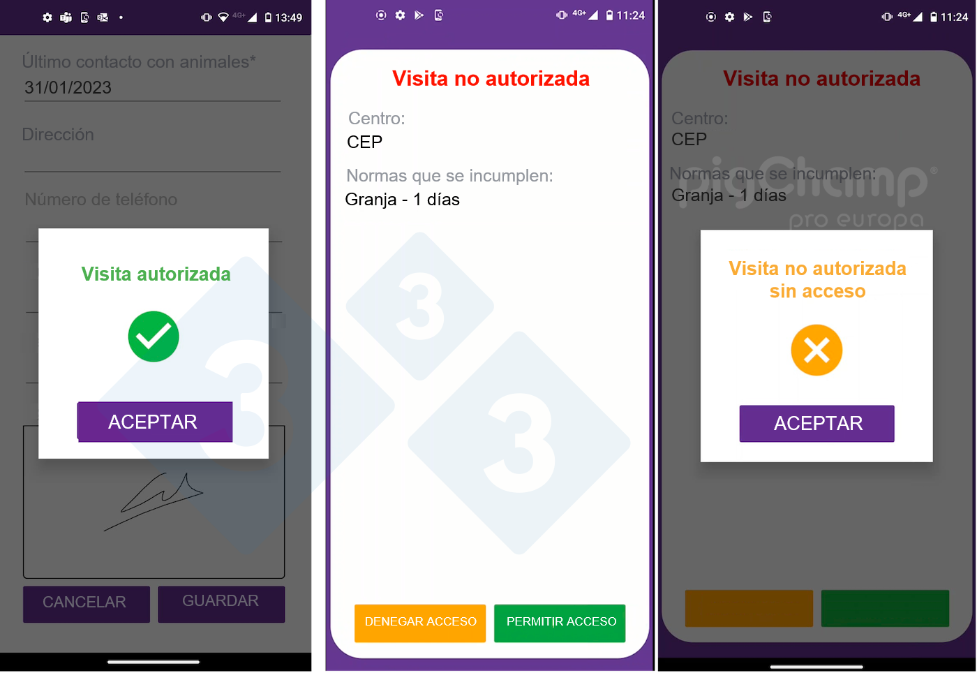 Imagen 1. Ejemplos de visita aceptada (izq), alerta de visita no autorizada (central) y rechazo de visita no autorizada (dch).
