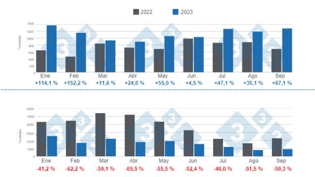 Gráfico 1. Evolución del comercio internacional de la carne de cerdo en 2023. Elaborado por el Departamento de Economía e Inteligencia de Mercados de 333 Latinoamérica con datos de la Secretaría de Agricultura, Ganadería y Pesca del ministerio del Ministerio de Economía de Argentina. 