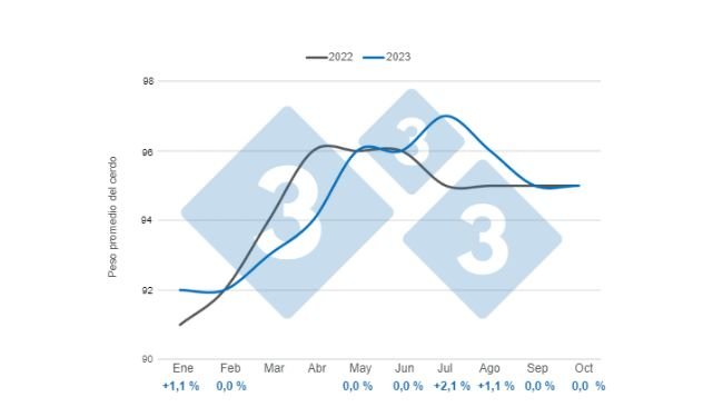 Gráfico 1. Evolución mensual del peso promedio de la res porcina en el período enero – octubre 2023, variación anual.  Elaborado por el Departamento de Economía e Inteligencia de Mercados de 333 Latinoamérica con datos de la Secretaría de Agricultura, Ganadería y Pesca del Ministerio de Economía de Argentina 
