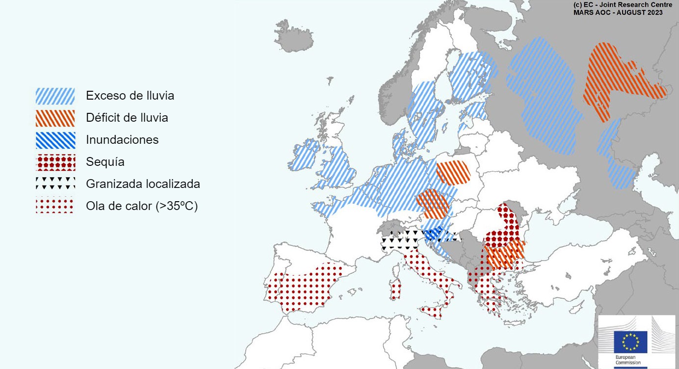 Mapa 1. Eventos climáticos extremos en Europa del 1 de julio al 13 de agosto del 2023 (fuente: MARS Butlletin 21/08/2023).