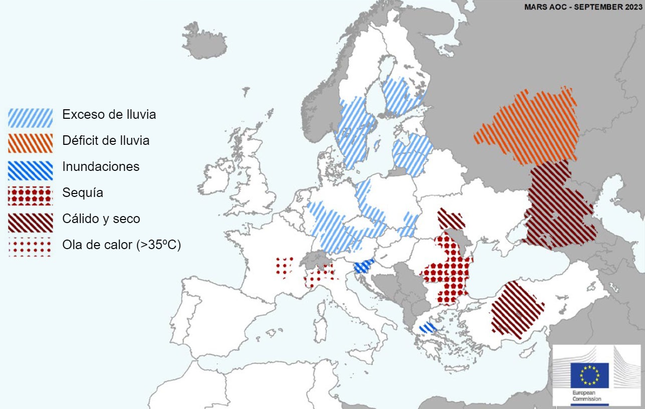 Mapa 1. Eventos climáticos extremos en Europa del 1 de agosto al 10 de septiembre del 2023 (fuente: MARS Bulletin 18/09/2023).