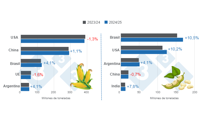 Gráfico 1. Proyección de cosecha para los principales productores mundiales de maíz y soya - campaña 2024/25 versus ciclo 2023/24 – última actualización: 12 de agosto de 2024. Elaborado por el Departamento de Economía e Inteligencia de Mercados con datos de FAS – USDA.