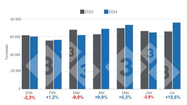Gráfico 1. Evolución mensual del consumo aparente de carne de cerdo en el período enero – julio de 2024, variaciones anuales. Elaborado por el Departamento de Economía e Inteligencia de Mercados de 333 Latinoamérica con datos de la Secretaría de Agricultura, Ganadería y Pesca del Ministerio de Economía de Argentina.