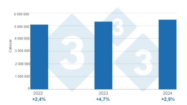 Gráfico 1. Beneficio de porcinos acumulado en el período enero - agosto para los últimos 3 años, variaciones anuales. Elaborado por el Departamento de Economía e Inteligencia de Mercados de 333 Latinoamérica con datos de la Secretaría de Agricultura, Ganadería y Pesca del Ministerio de Economía de Argentina. 