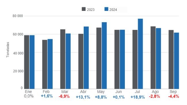 Gráfico 1: Producción mensual de carne de cerdo en el período enero – septiembre de 2024, variaciones anuales. Elaborado por el Departamento de Economía e Inteligencia de Mercados de 333 Latinoamérica con datos de la Secretaría de Agricultura, Ganadería y Pesca  del Ministerio de Economía de Argentina. 