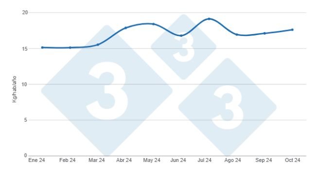 Gráfico 1. Evolución mensual del consumo per cápita de carne de cerdo estimado en el período enero – octubre de 2024. Elaborado por el Departamento de Economía e Inteligencia de Mercados de 333 Latinoamérica con datos de la Secretaría de Agricultura, Ganadería y Pesca del Ministerio de Economía de Argentina.