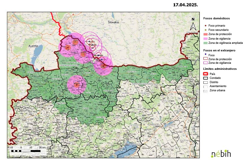 Focos de fiebre aftosa a fecha 17 de abril de 2025. Fuente: Nébih.