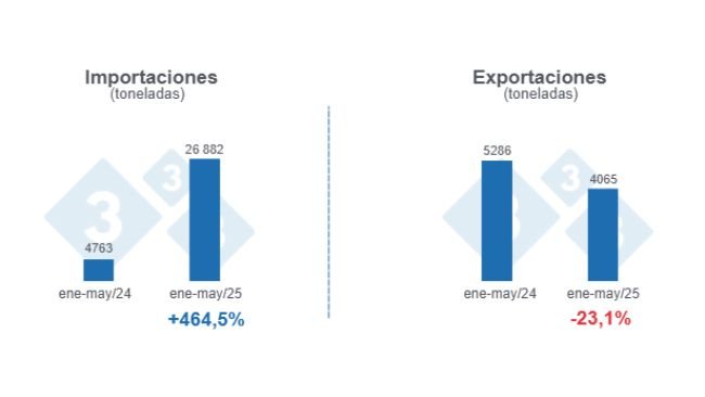 Gráfico 1: Volumen de las importaciones y exportaciones porcinas en el período enero - mayo de 2025, variaciones anuales. 
Elaborado por el Departamento de Economía y Sostenibilidad de 333 Latinoamérica con datos de la Secretaría de Agricultura, Ganadería y Pesca del Ministerio de Economía de Argentina