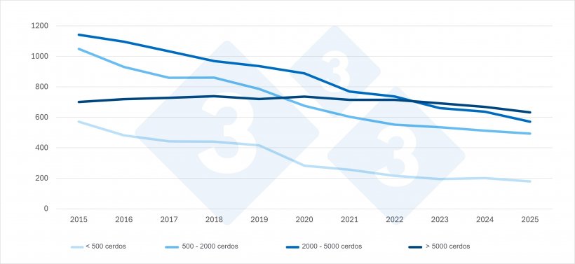 Evolución de las granjas porcinas en los Países Bajos por tamaño (2015-2025*). Datos provisionales para 2025. Fuente: Censo Agrícola de la CBS.