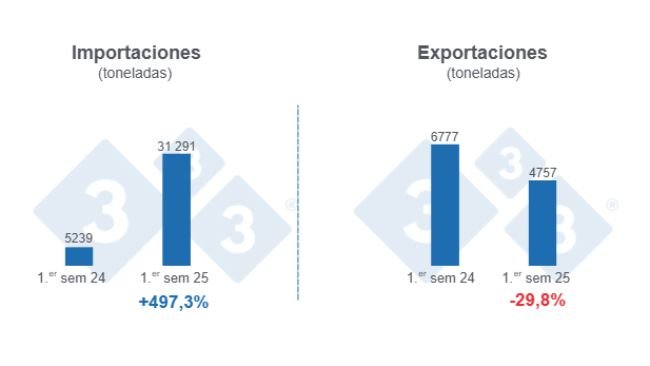Gráfico 1: Volumen de las importaciones y exportaciones porcinas en el primer semestre de 2025, variaciones anuales. 
Elaborado por el Departamento de Economía y Sostenibilidad de 333 Latinoamérica con datos de la Secretaría de Agricultura, Ganadería y Pesca del Ministerio de Economía de Argentina
