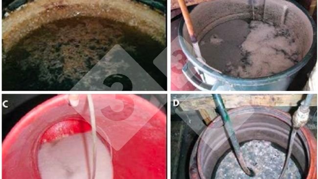 Fig 1. Soluciones y productos de precipitación que pueden bloquear el sistema de medicación. A: Cristales y lodo negro; B: Cristales y precipitado flotante; C: Precipitado blanco en solución; D: Precipitado flotante. Fuente: Dorr PM, Madson M, Wayne S, et al (2009).