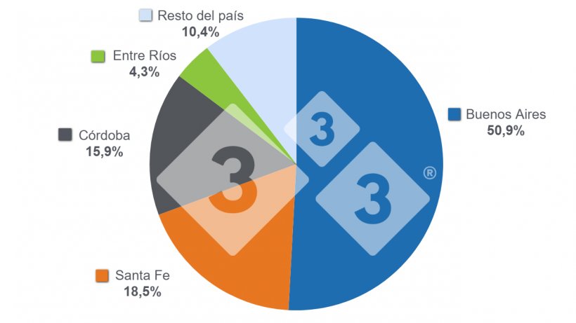 Gráfico 5. Distribución porcentual promedio por provincia de los animales faenados en los últimos 7 años. Elaboración propia con datos de la Secretaría de Agricultura, Ganadería y Pesca (SAGYP), Comercio Agropecuario.