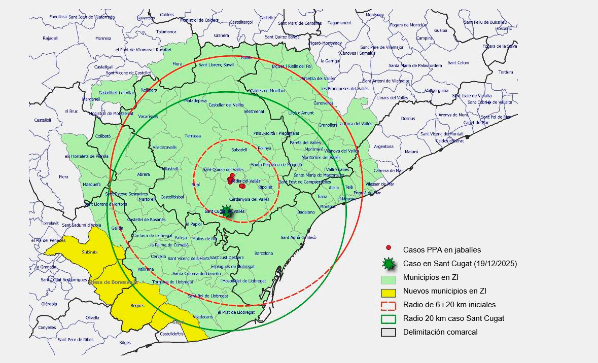 Mapa con los nuevos municipios afectados tras la detección de un nuevo caso. Fuente: Generalitat de Catalunya.