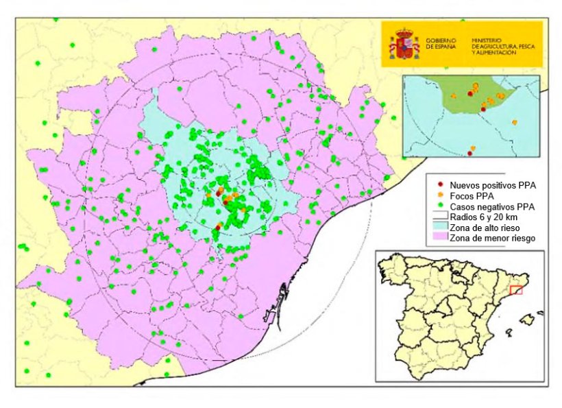 Mapa 1: Localización de los 20 focos en jabalíes silvestres y de los jabalíes capturados o hallados muertos negativos detectados en Cataluña (Fuente: MAPA).
