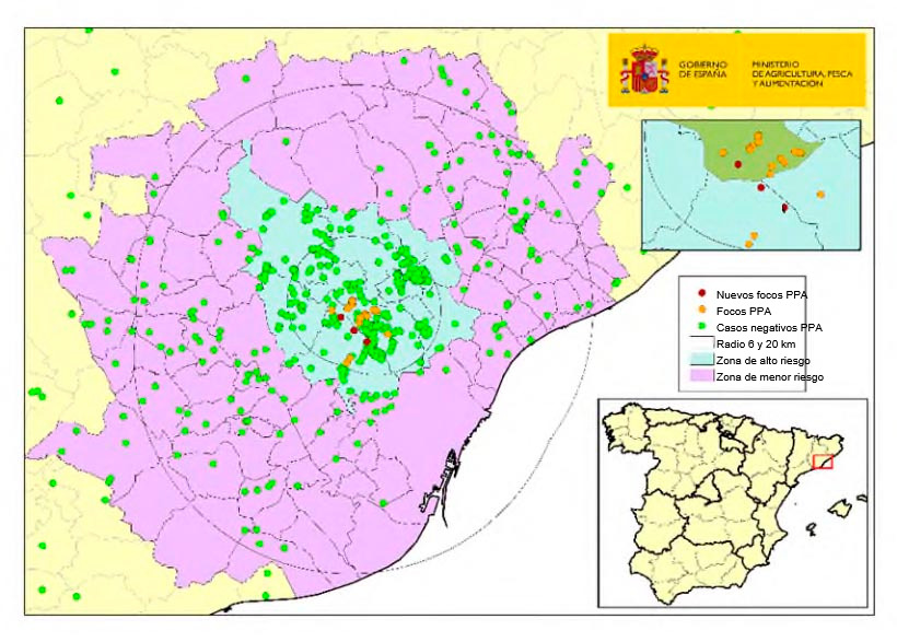 Localizaci&oacute;n de los 23 focos en jabal&iacute;es silvestres y de los jabal&iacute;es capturados o hallados muertos negativos detectados en Catalu&ntilde;a (Fuente: MAPA).