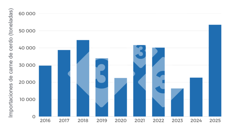 Gráfico 3. Evolución anual de toneladas importadas (peso producto) periodo 2016-2025. Elaboración propia con datos de la Secretaría de Agricultura, Ganadería y Pesca (SAGYP).